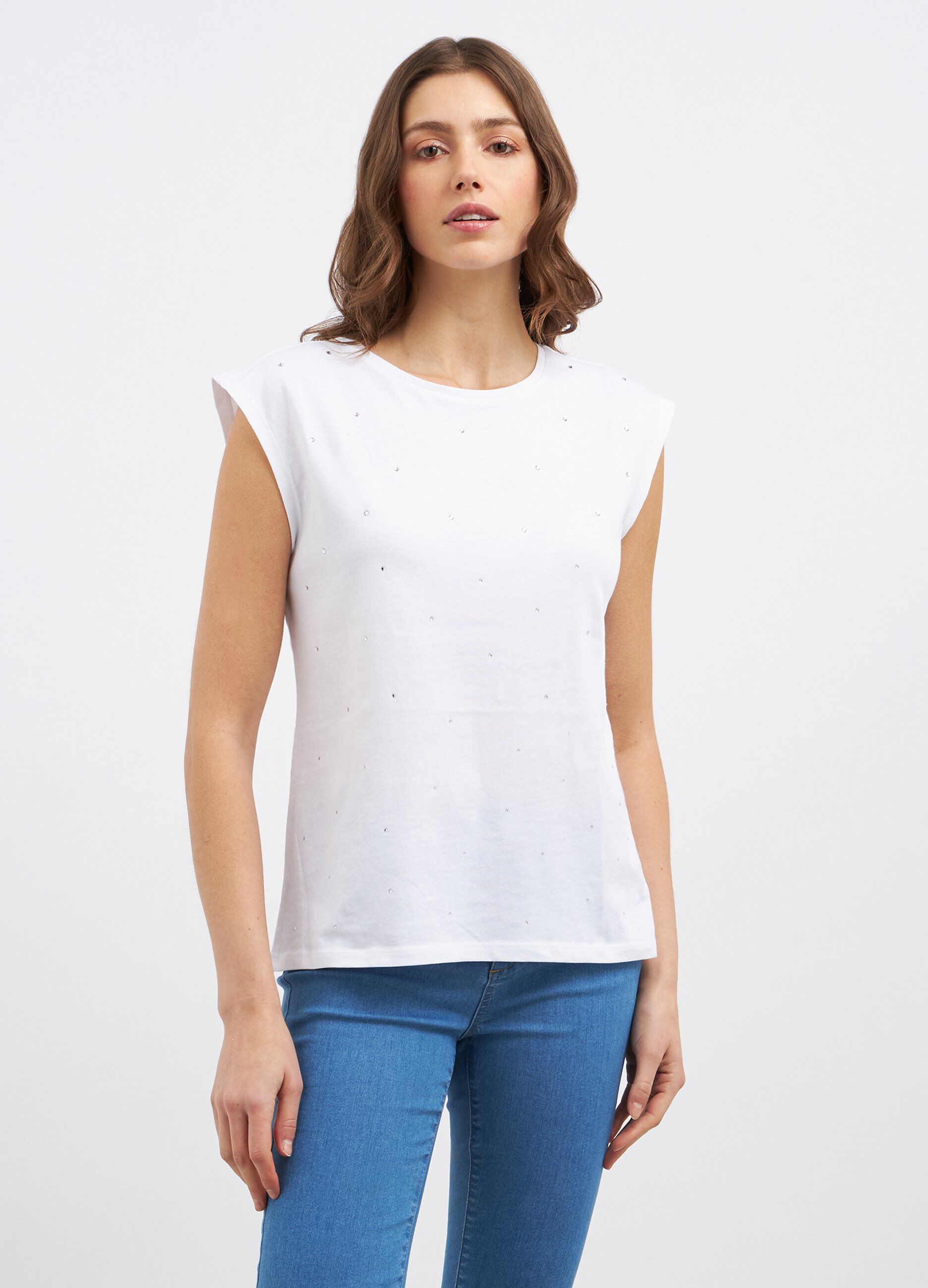 T-shirt smanicata in puro cotone con strass donna_0