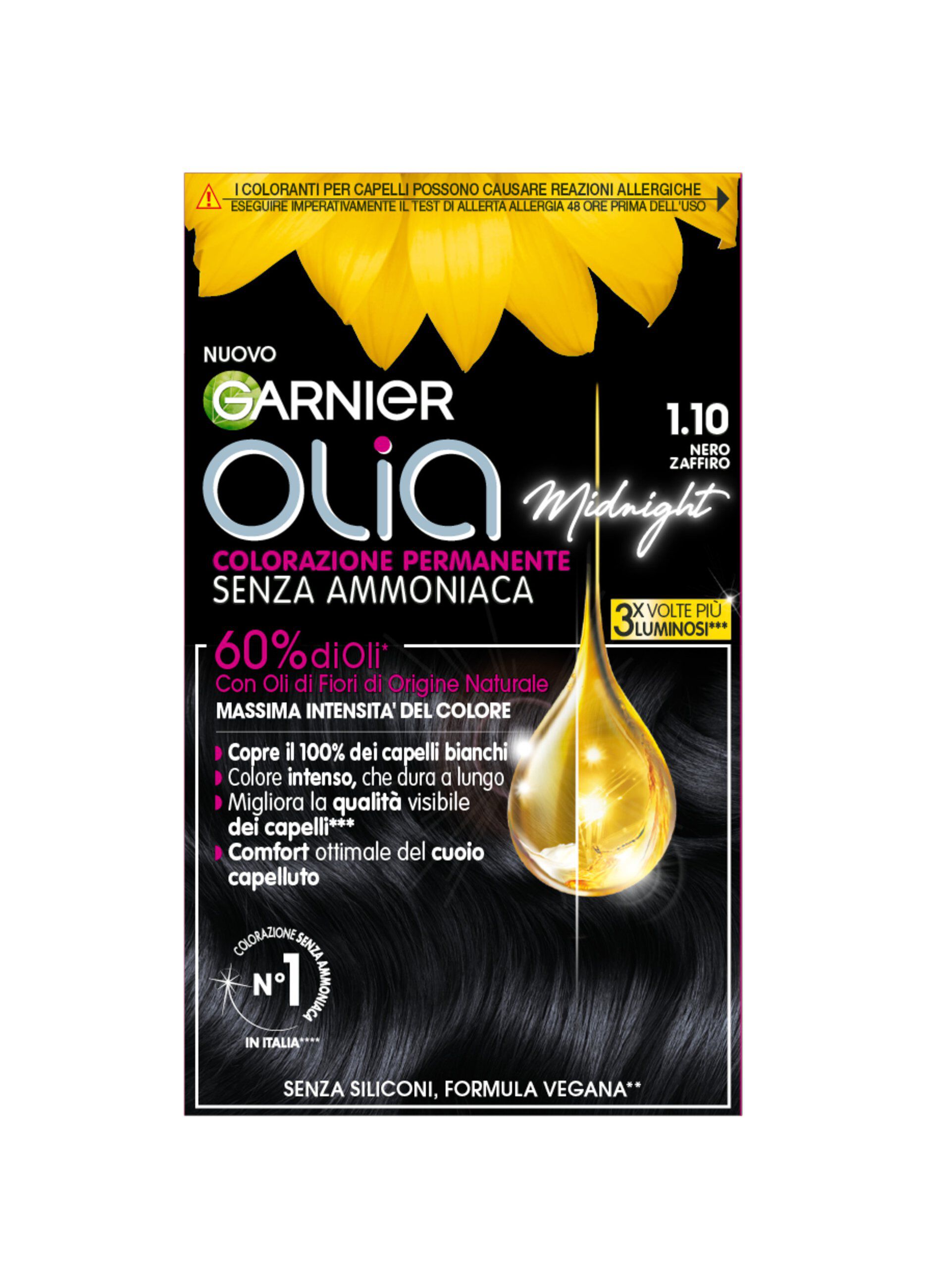 Garnier Tinta Capelli Olia, Colorazione permanente senza ammoniaca, copre il 100% dei capelli bianchi, Con oli di fiori di origine naturale, Nero Zaffiro (1.10).