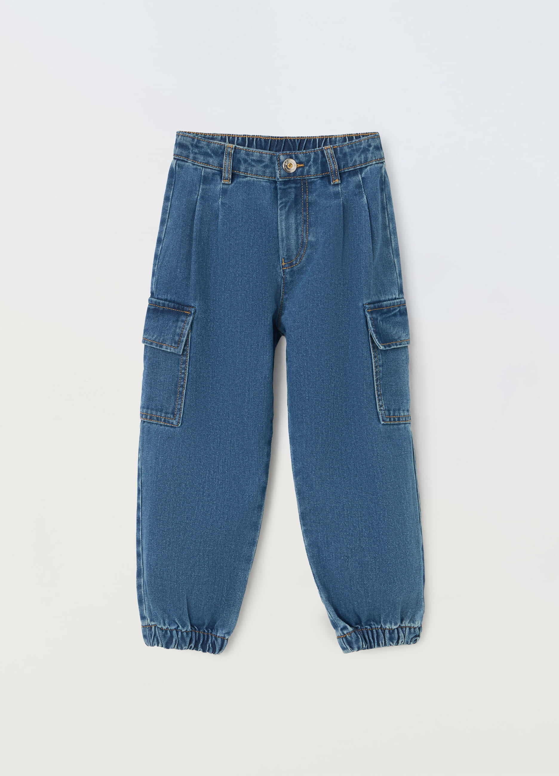 Pantaloni cargo in denim di puro cotone bambina_0