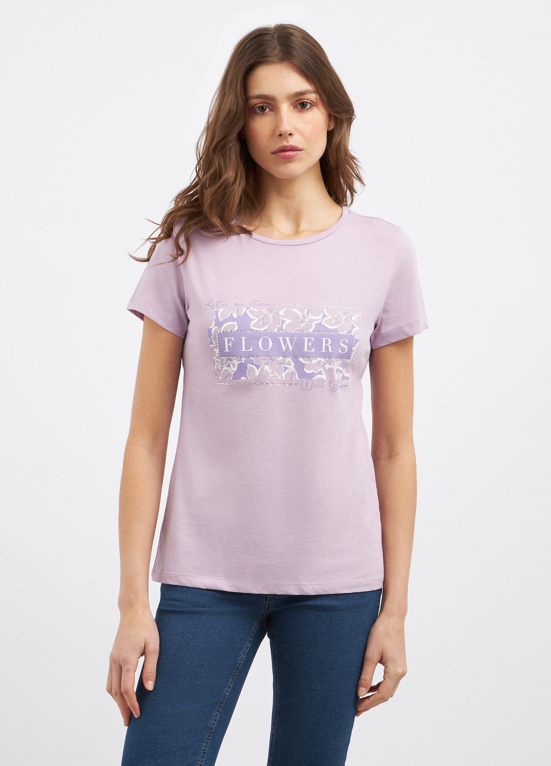 T-shirt in puro cotone con stampa e strass donna_0