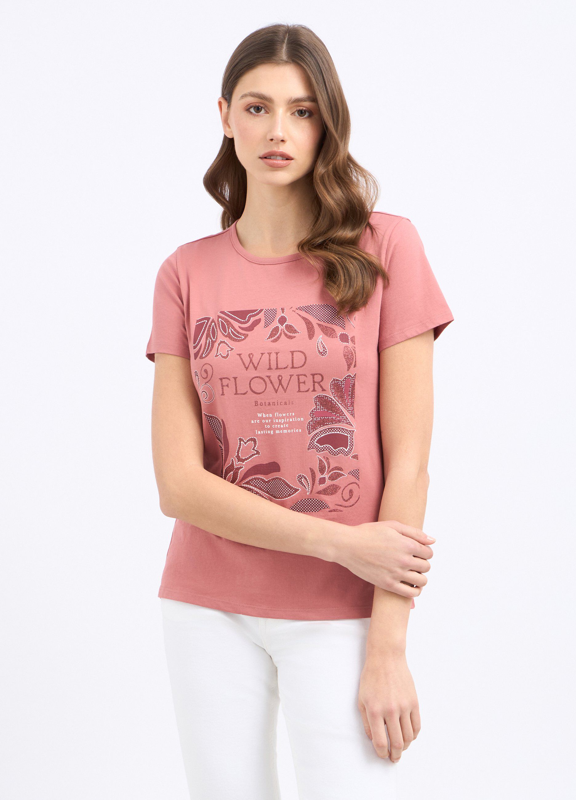 T-shirt in puro cotone con stampa glitter donna_0