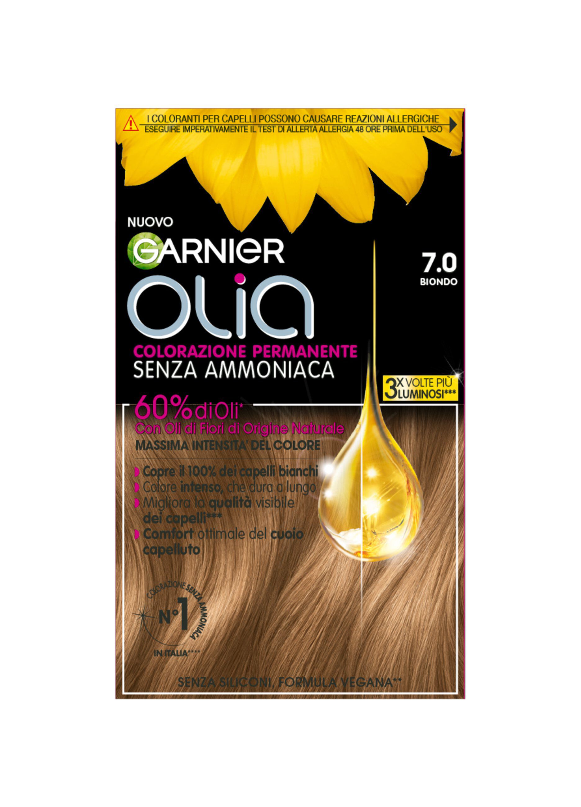 Garnier Tinta Capelli Olia, Colorazione permanente senza ammoniaca, copre il 100% dei capelli bianchi, Con oli di fiori di origine naturale, Biondo (8.0).