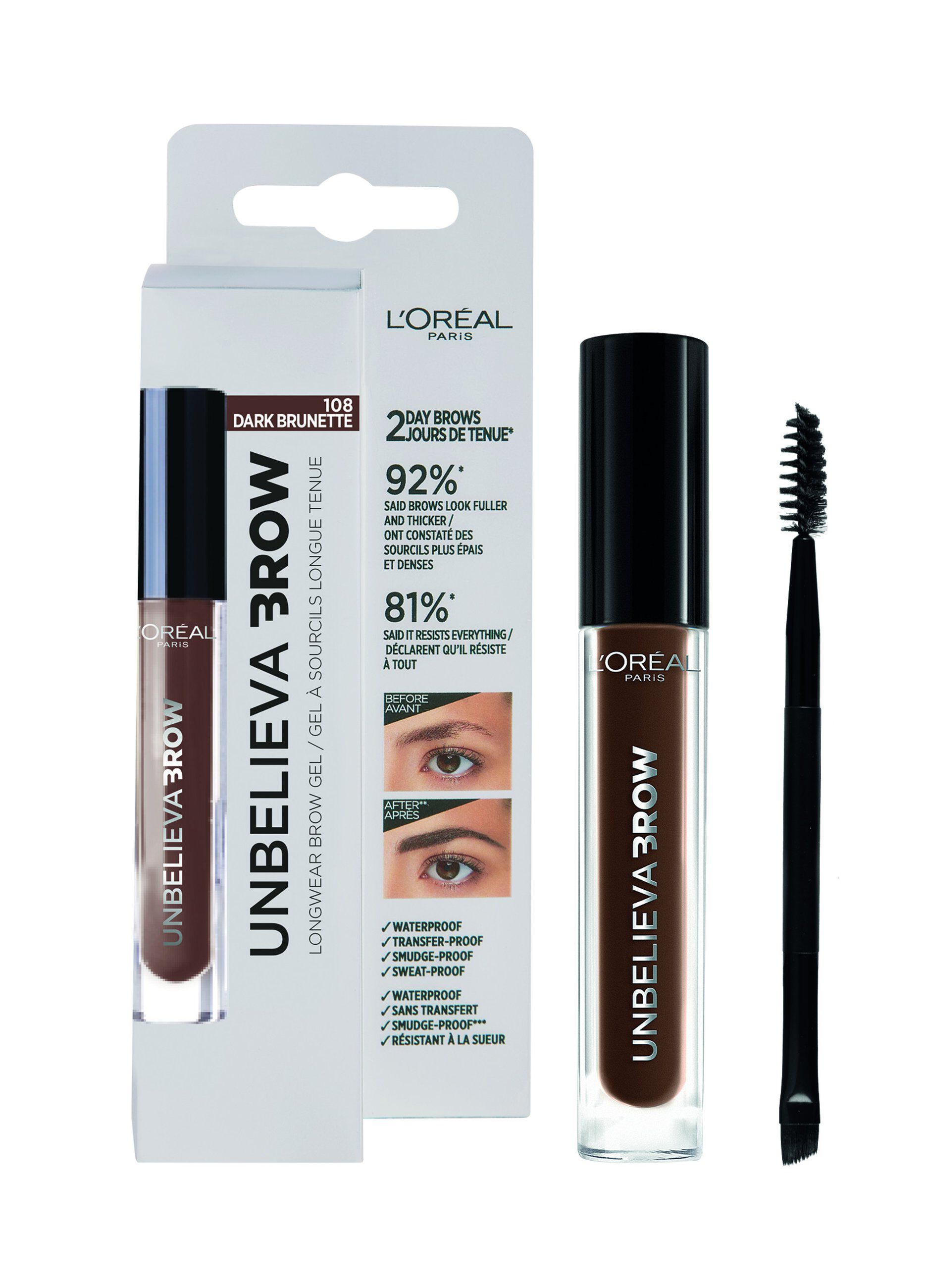 L'Oréal Paris Unbelievabrow, Gel per Sopracciglia a Lunga Tenuta Waterproof, Colore: Dark Brunette (108), 3,4 ml._0