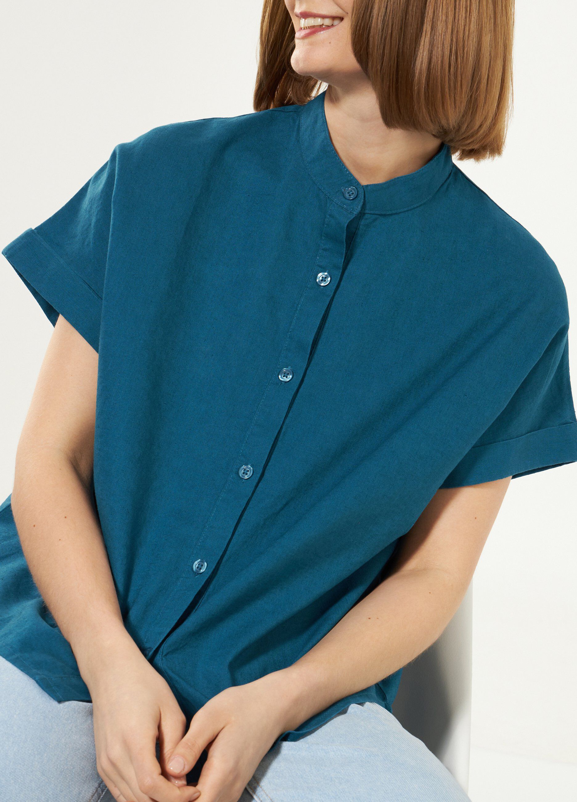 Camicia in misto lino con colletto alla coreana_0