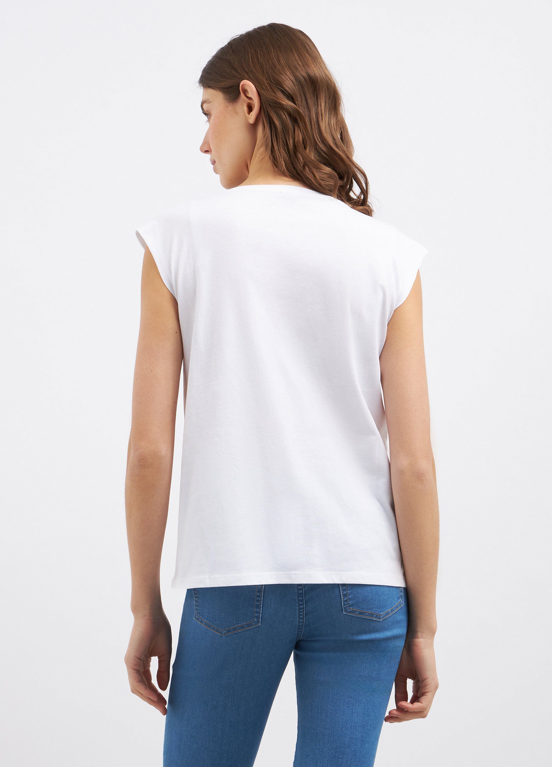 T-shirt smanicata in puro cotone con strass donna_1